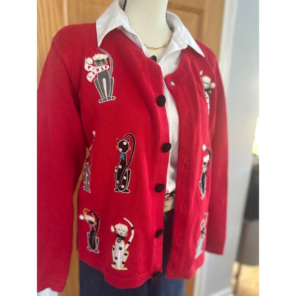 Vintage Cat Holiday Christmas Cardigan Sweater Red Button Front Women’s M - Picture 6 of 8